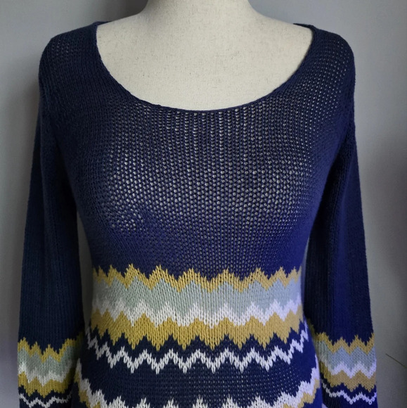 Wooden Ships, Navy Blue Yellow Chevron Stripe Scoop Neck Sweater, Size Medium - Picture 2 of 9